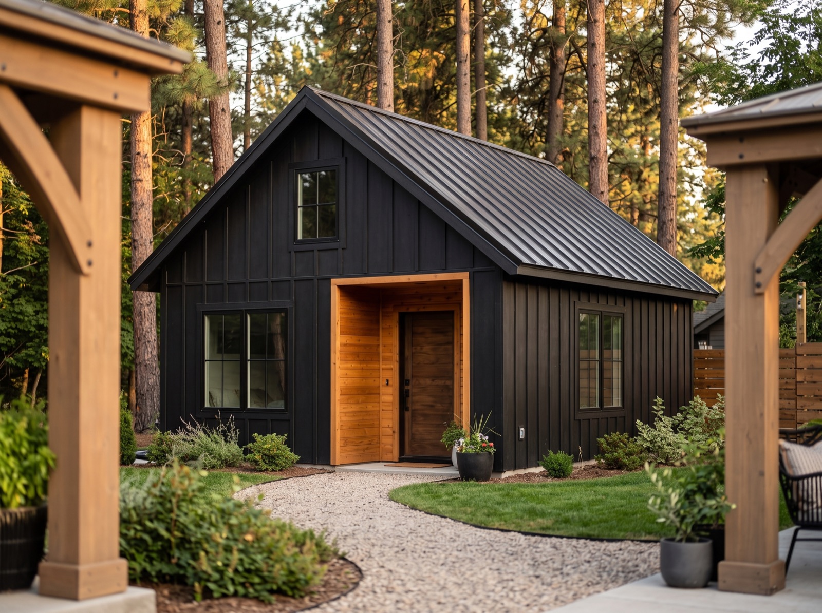 Concept rendering of a small black board-and-batten backyard ADU with a cedar entry among pines
